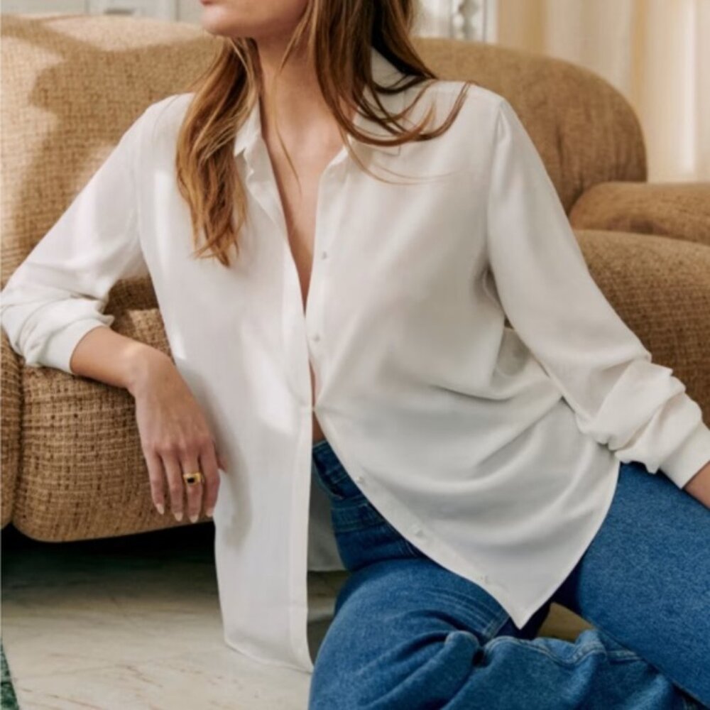 Sezane Ann Ecru 100% Silk Button Down Shirt - Size 42 (US 10) - French Parisian
